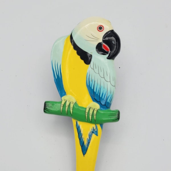 Vintage Wooden Tropical Parrot Scarf Slide Costume Jewelry Retro Statement Women Accessories Large Oversize Enamel Yellow Blue Green 5.5"