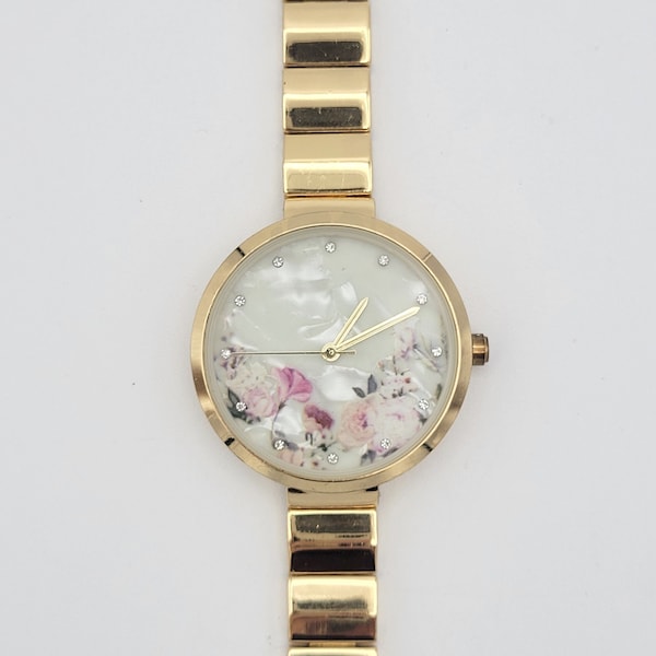 Alexis Bendel Gold Tone Round Ladies Watch with Floral Face & Bracelet Band Costume Jewelry Women Statement 34 mm 6 1/8" Band 7163 100