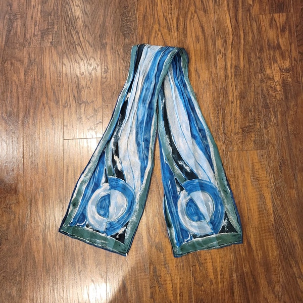 Vintage 1980s Polyester Geometric Green & Blue Long Head Hair Neck Scarf Retro Women Accessories Statement 56 x 9 3/4" Rectangle Circle