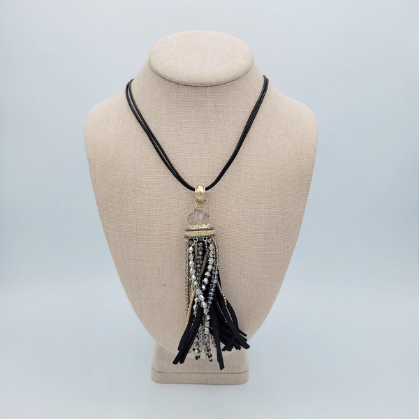 Vintage Chico's Collier avec cordon en similicuir doré et noir avec pampilles avec perles, bijoux fantaisie tendance rétro réglable femme