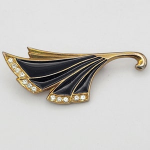Vintage Gold Tone Art Deco Floral Fan Brooch with Black Enamel & Rhinestones Costume Jewelry Retro Statement Women Pin Bar Flourish Feather
