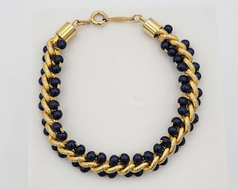 Vintage 1990s Napier Gold Tone Cable Chain Bracelet with Navy Blue Beads Costume Jewelry Retro Statement Women 7 1/2" Accent Twist Beaded