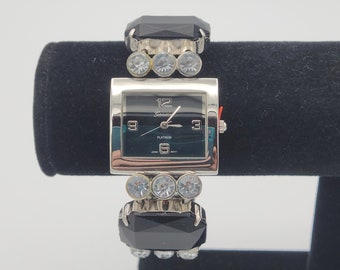 Vintage NEW Geneva Platinum Silver Tone Rectangular Ladies Watch with Rhinestone Stretch Band Costume Jewelry Statement Timepiece Quartz