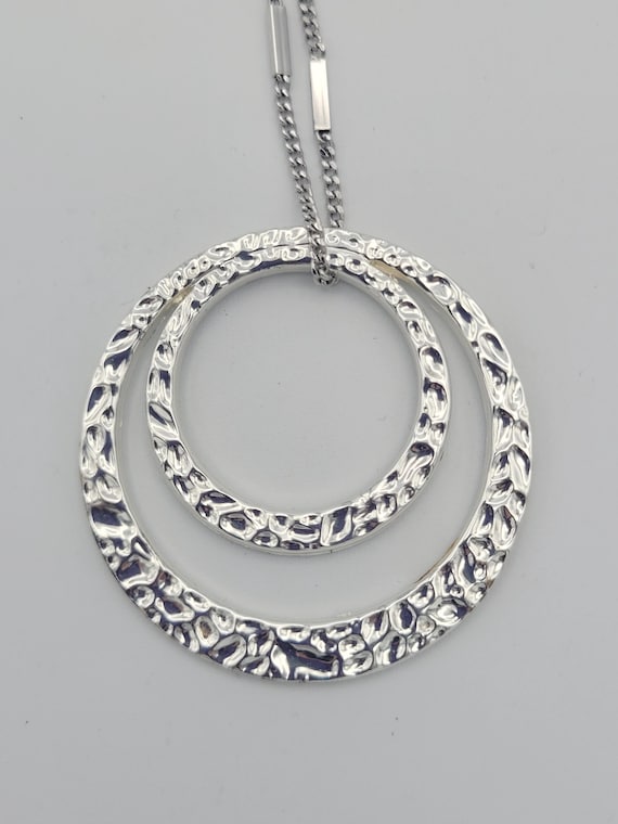 Vintage Avon Silver Tone Curb Chain Necklace with Openwork Double Hammered Circle Pendant Costume Jewelry Retro Statement Women 32" Long