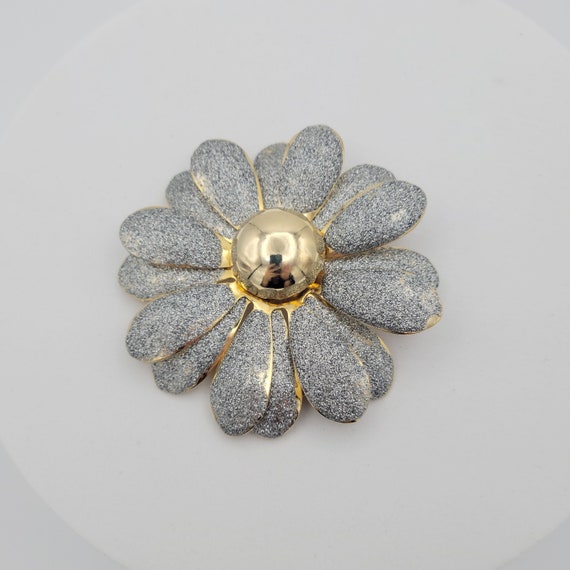 Vintage Oversize Gold Tone & Silver Tone Glitter Floral Scarf Clip Costume Jewelry Statement Retro Accessories Women Flower Layered Petals