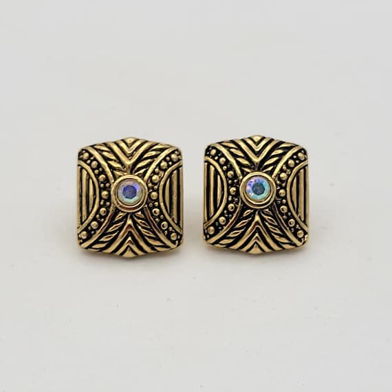 Vintage Gold Tone & Black Enamel Old Hollywood Style Stud Earrings with Iridescent Rhinestones Costume Jewelry Retro Women Statement Accent