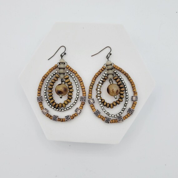 Vintage Bohemian Wood Beaded Teardrop Dangle Earrings with Silver-Tone Accents Costume Jewelry Retro Women Statement Loop Hoops Strands
