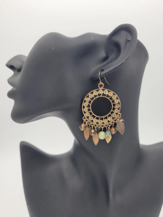 Vintage Gold Tone Bohemian Style Dangle Earrings with Leaf Charms Costume Jewelry Retro Women Statement Openwork Circle Filigree Swirl