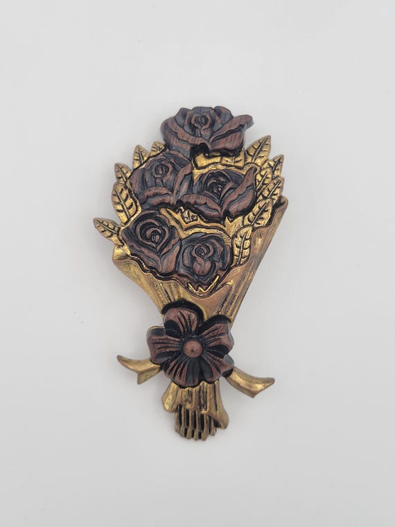 Vintage Plastic & Wood Bouquet of Roses Hair Clip Barrette with Double Push Button Clasp Costume Jewelry Statement Women Accessories Floral