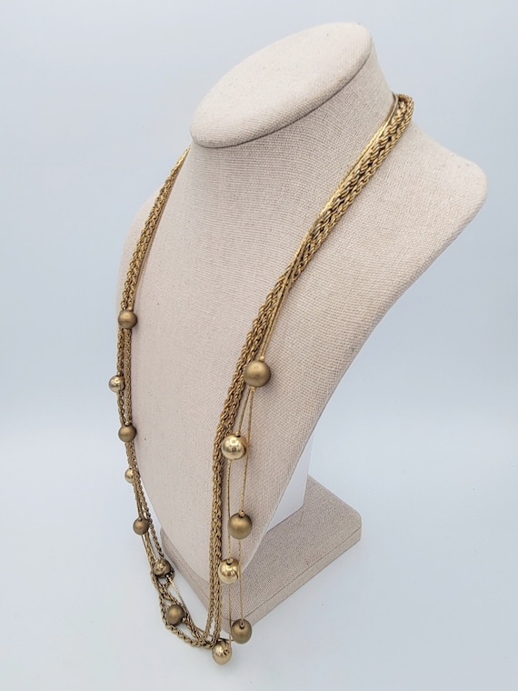 Vintage 1970s 4 Strand Long Gold Tone Chain Necklace with Bead Accents Costume Jewelry Retro Women Statement 30" Rope & Herringbone Chains