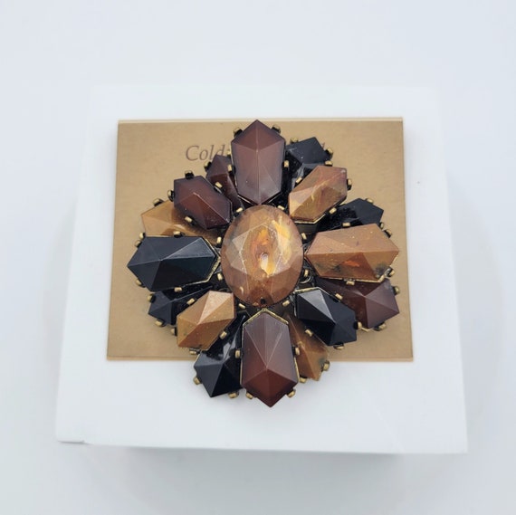 Vintage NEW Coldwater Creek Gold Tone & Marbled Brown Rhinestone Floral Brooch Costume Jewelry Retro Statement Women Pin Flower Oversize Big
