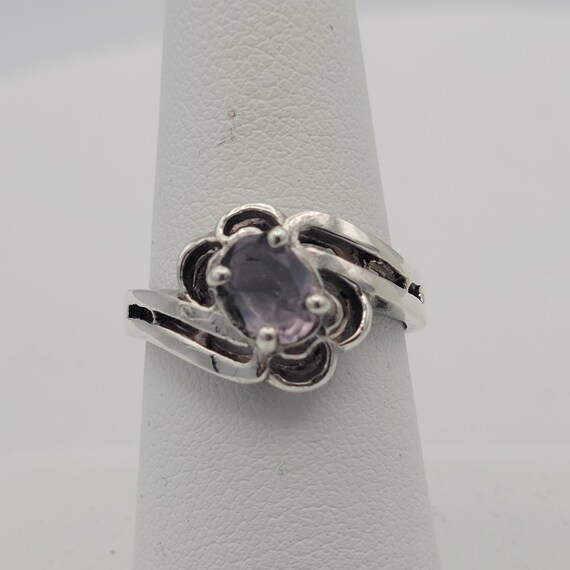 Vintage Sterling Silver & Amethyst Statement Ring Right Hand Ring Costume Jewelry Statement US Size 8 Floral Slanted Oval Purple February