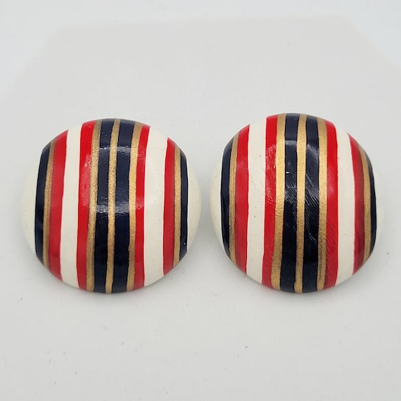 Vintage 1990s Oversize White Wooden Button Stud Clip On Earrings with Red, Blue & Gold Stripes Costume Jewelry Retro Women Statement Large