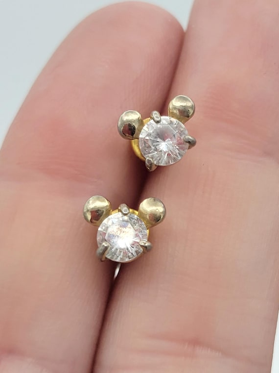 Vintage Disney Gold Tone Minimal Mickey Mouse Head Earrings with Rhinestones Costume Jewelry Statement Accessories Women Accent Tiny Small