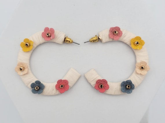 Vintage Wrapped Hoop Earrings with Colorful Floral Accents Costume Jewelry Statement Retro Accessories Women 1 3/4" White Flowers