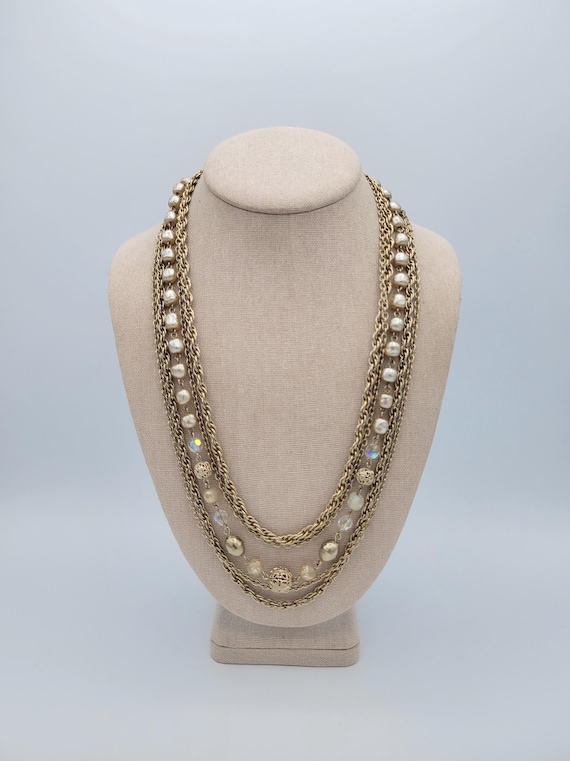 Vintage 1960s 5 Strand Long Gold Tone Chain & Faux Pearl Beaded Necklace Costume Jewelry Retro Women Statement Rope Cable Chains Hook Clasp