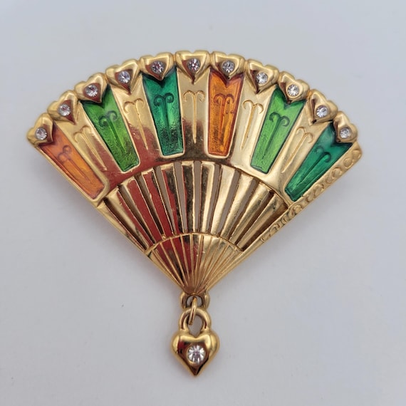 Vintage Monet Gold Tone & Enamel Jeweled Fan Brooch with Heart Dangle Pin Costume Jewelry Retro Women Statement Green Orange Rhinestones