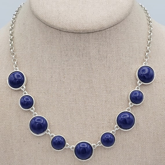 Vintage Liz Claiborne Silver Tone Cable Chain Necklace with Cobalt Blue Cabochons Costume Jewelry Retro Statement Women Adjustable Choker