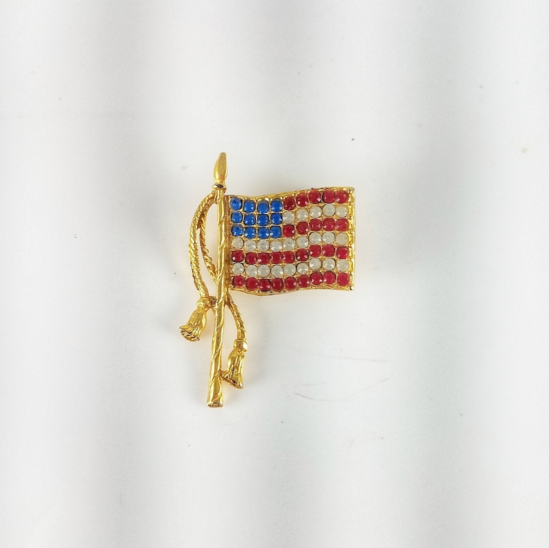 Vintage Gold Tone Double Tassel American Flag Brooch Costume Jewelry Retro Statement Pin Sparkle USA Independence Day 4th of July Pole
