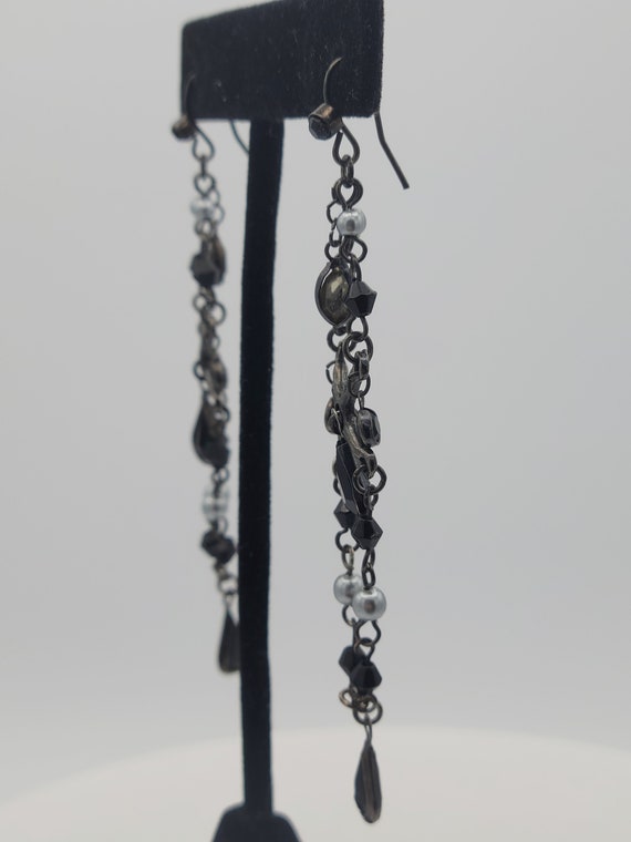 Vintage Black Metal Long Beaded Earrings with Tea… - image 3