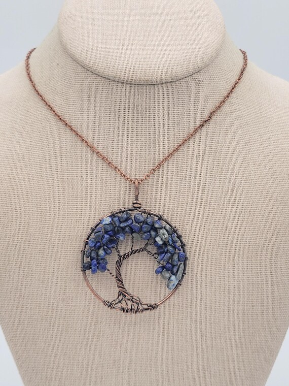 Vintage Copper Cable Chain Necklace with Tree of Life Lapis Lazuli Stone Pendant Costume Jewelry Retro Statement Women Accessories Gems