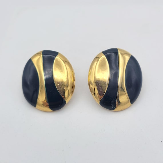 Vintage 1990s Monet Gold Tone Oval Stud Earrings with Navy Enamel Costume Jewelry Retro Women Statement Chunky Shiny Dome 1 1/8"