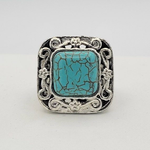 Vintage Chunky Silver Tone & Faux Turquoise Square Cabochon Ring Right Hand Ring Costume Jewelry Retro Statement US Size 6 3/4 Aqua Scroll