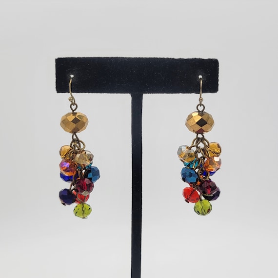 Vintage Multi-Colored Faceted Beaded Dangle Earrings Costume Jewelry Retro Women Statement Long 2 1/8" Rainbow Sparkle Bronze Blue Red Green
