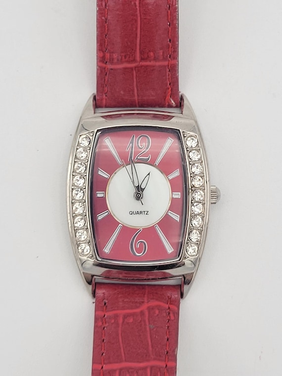 Vintage Silver Tone & Rhinestone Red Ladies Watch with Mother of Pearl Accent Costume Jewelry Statement Timepiece Cushion Rectangle Leather
