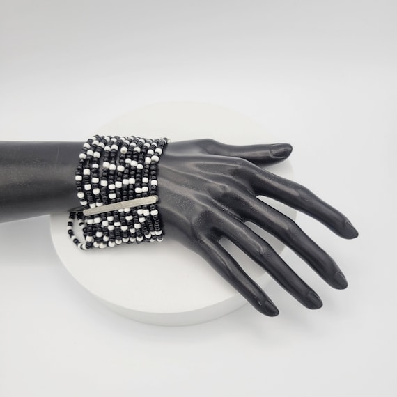 Vintage Oversize Black & White Beaded Stretch Cuff Bracelet with Silver-Tone Accents Costume Jewelry Retro Statement Women Adjustable Boho
