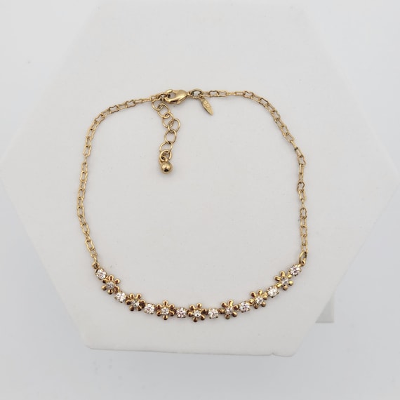 Vintage Avon Gold Tone Floral Anklet with Clear Rhinestone Crystals Costume Jewelry Retro Statement Women Accessories 10 1/4" Flowers