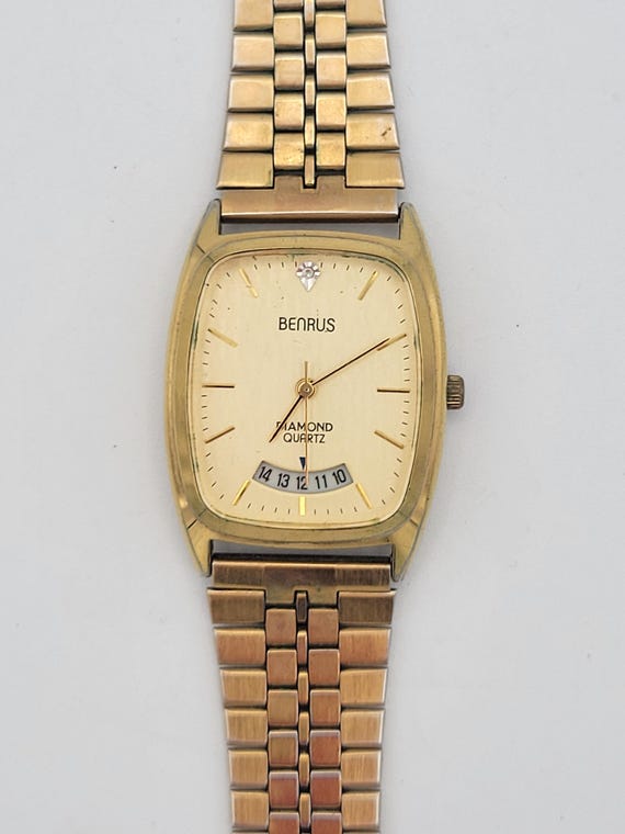 Vintage 1970s Benrus Men's Gold Tone Diamond Quartz Watch with Date Dial Costume Jewelry Retro Accessories Statement 28 mm Adjustable Band