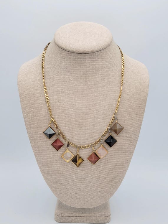 Vintage Gold Plated .925 Italian Figaro Necklace with 8 Faux Stone Pyramid Charms Costume Jewelry Retro Statement Women Sunstone Quartz Onyx