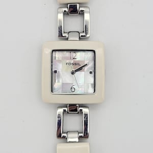 Vintage Fossil Silberfarbene Keramik-Damenuhr mit quadratischem