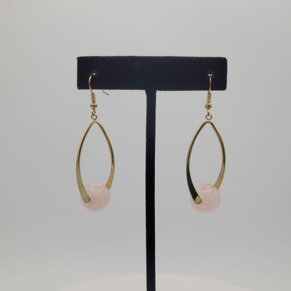 Vintage Gold Tone Openwork Teardrop Dangle Earrings with Rose Quartz Spheres Costume Jewelry Retro Statement Women Drop Ball Beads Beaded