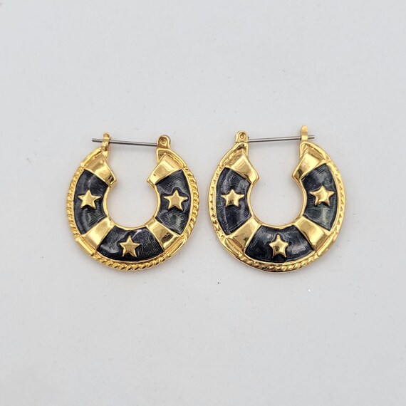 Vintage Gold Tone & Shimmering Teal Enamel Hoop Earrings with Star Accents Costume Jewelry Retro Women Statement 1 1/8" Latch Back Posts