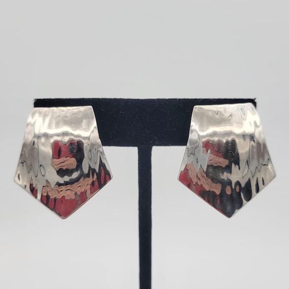 Vintage 1980s Napier Silver Tone Hammered Geometric Stud Screw Back Clip On Earrings Women Accessories Statement Costume Jewelry Chrome