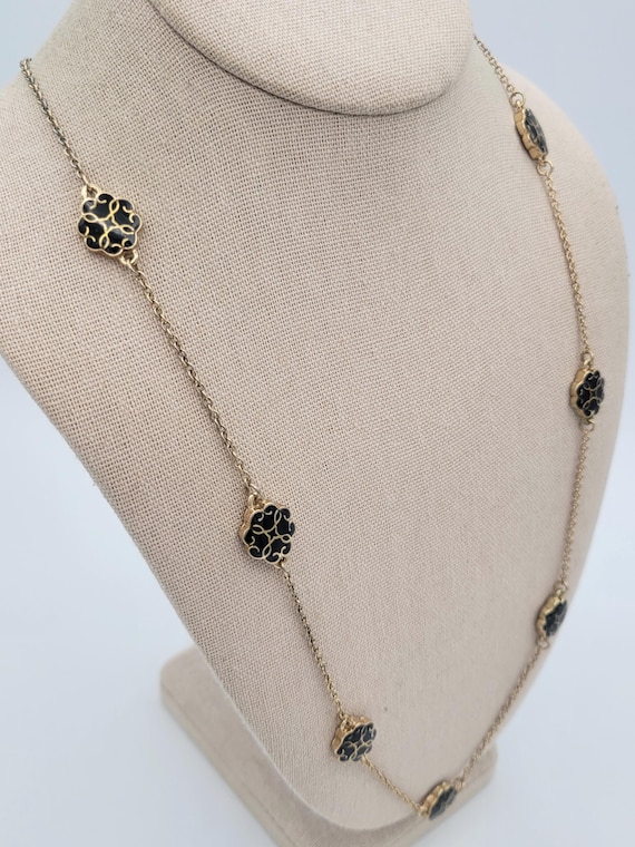 Vintage 39" Gold Tone Cable Chain Necklace with Art Nouveau Filigree Links with Black Enamel Costume Jewelry Retro Statement Women Long