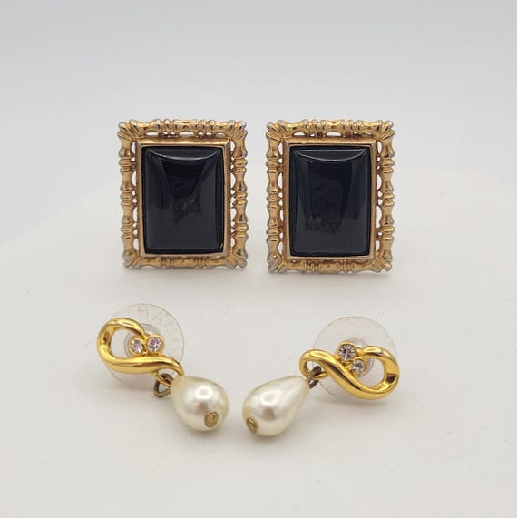 2 Pair of Vintage Gold Tone Earrings Black Cabochon Rectangular Studs & White Faux Pearl Dangles Costume Jewelry Retro Women Statement