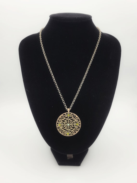 Vintage NEW Mix-It Two Tone Circular Openwork Filigree Pendant with Green Rhinestones & Cable Chain Necklace Costume Jewelry Statement Retro