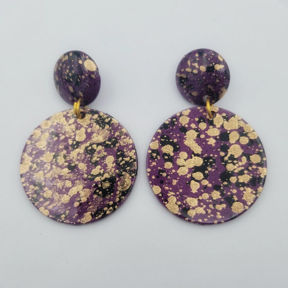 Vintage Oversize Purple Plastic Double Circle Dangle Earrings with Gold & Black Splatter Paint Costume Jewelry Retro Statement Women Drop