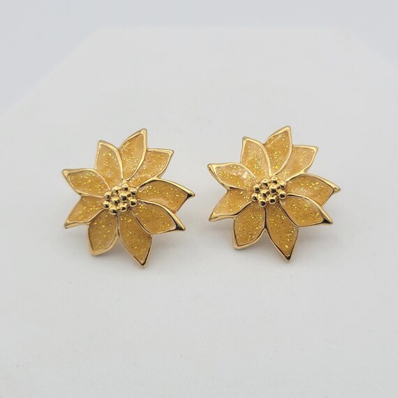 Vintage Gold Tone Poinsettia Stud Earrings with Yellow Glitter Enamel Costume Jewelry Retro Women Xmas Flower Floral Christmas Holiday