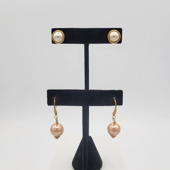 Set of 2 Vintage Gold Tone & Faux Pearl Earrings Costume Jewelry Retro Women Statement Elegant White Studs Pink Dangles 2 Pairs Two Looks