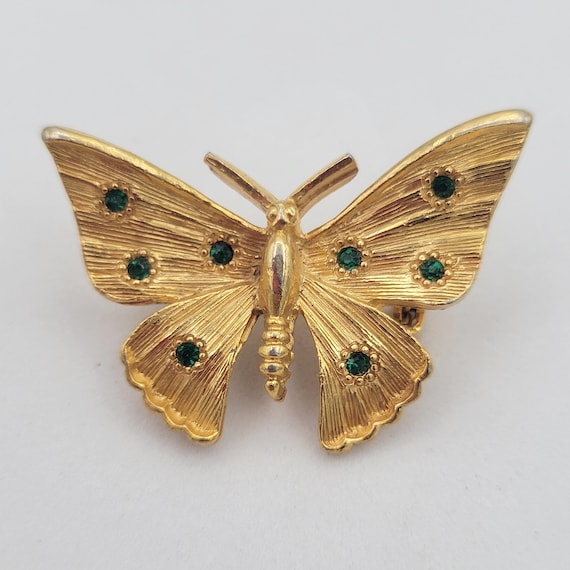 Vintage Brushed Gold Tone Figural Butterfly Brooch with Faux Emerald Accents Pin Costume Jewelry Retro Women Statement Textured 1 7/8" x 1"