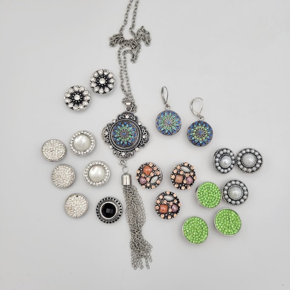 Vintage Silver Tone Snap On Jewelry Set with Tassel Necklace & Dangle Earrings Costume Jewelry Statement Women Interchangeable Rhinestones