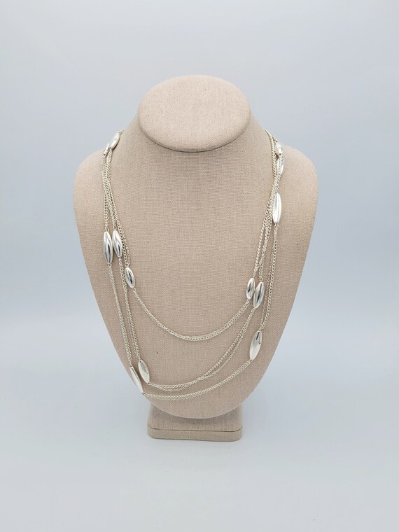 Vintage 6 Strand Silver Tone Chain Drape Necklace with Oblong Metallic Beads Costume Jewelry Ladies Retro Statement Accessories Layered Bib