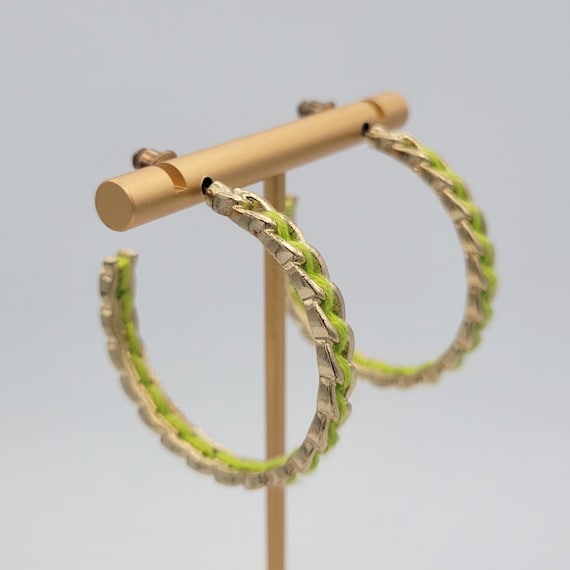 Vintage Gold Tone Curb Chain Hoop Earrings with Lime Green Thread Accent Costume Jewelry Statement Retro Accessories Women 1 3/4" Braided