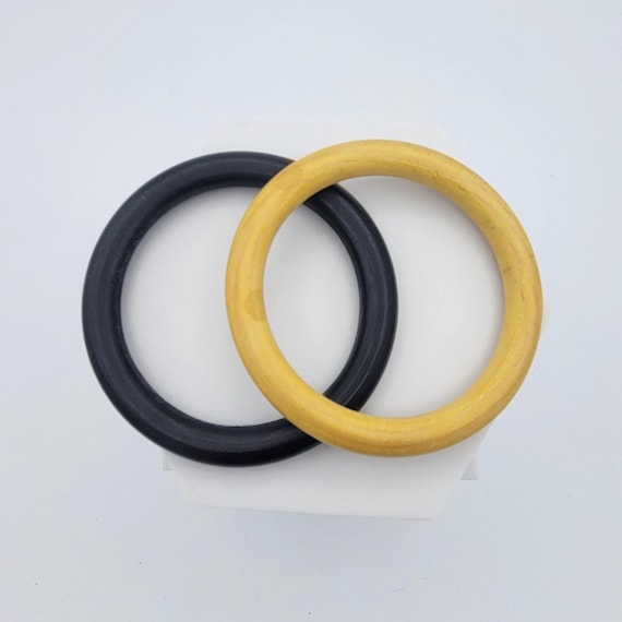 Vintage Set of 2 Natural Wood Bangle Bracelets Costume Jewelry Retro Statement Women Thick Chunky Tan Black Dark Light Rounded Lightweight