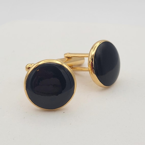 Vintage Gold Tone Round Men's Cuff Links with Black Enamel Costume Jewelry Suit  Men's Accessories Accent Shiny Chrome Tuxedo Minimal