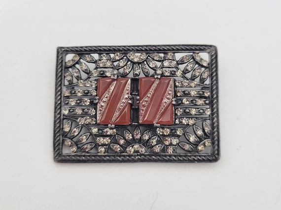 Vintage Art Deco Openwork Rectangular Silver Tone Brooch with Carnelian Stones & Rhinestones Costume Jewelry Retro Statement Women Pin